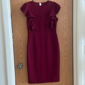 Burgundy Dress with front ruffle detail
